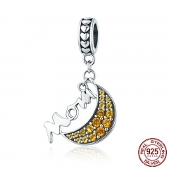 New Trendy 925 Sterling Silver Mom Mother Gift in Yellow Moon Dangle Charm fit Charm Bracelet Necklaces Jewelry SCC687 CHARM-0725