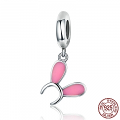 Genuine 925 Sterling Silver Sweet Rabbit Ears & Pink Enamel Animal Charms Fit Bracelets DIY Jewelry Making S925 SCC177 CHARM-0312