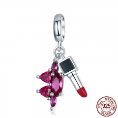 925 Sterling Silver Women Lipstick Pink Crystal CZ Charm fit Charm Bracelets Necklaces Jewelry Girlfriend Gift SCC828 CHARM-0866