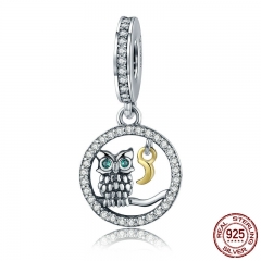 Authentic 925 Sterling Silver Owl Story Owl & Moon Animal Dangle Charms fit Women Charm Bracelets Jewelry Gift SCC254 CHARM-0322