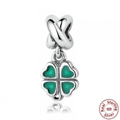 REAL 925 Sterling Silver GREEN FOUR-LEAF CLOVER DANGLE CHARM Fit Bracelet Necklace Women Fine Jewelry PAS304 CHARM-0103