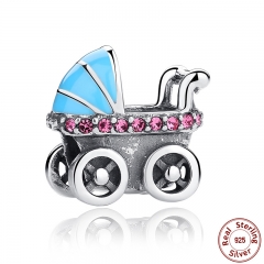New Spring Collection 925 Sterling Silver Baby Stroller Blue Car Charms fit Bracelet DIY Accessories SCC010 CHARM-0083