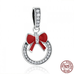 Christmas Gift 925 Sterling Silver Christmas Wreath Red Bow Knot Pendant Charms fit Women Bracelets Fine Jewelry SCC077 CHARM-0145