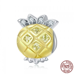 Genuine 925 Sterling Silver Summer Pineapple Shape Yellow Enamel Clear CZ Beads Fit Bracelets & Necklaces Jewelry BSC022 CHARM-0906