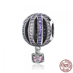 High Quality 925 Sterling Silver Hot Air Balloon Purple Clear CZ Charms Beads fit Bracelets & Necklaces Jewelry SCC352 CHARM-0350