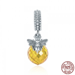 925 Sterling Silver Little Bee Love Honey Yellow Crystal Dangle Pendant Charm fit Women Charm Bracelet Jewelry SCC410 CHARM-0500