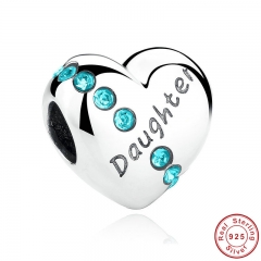 New Blue Crystals 925 Sterling Silver Daughter Heart Charms Fit Bracelet Jewelry Making Family Gift SCC007 CHARM-0082