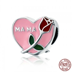 Authentic 925 Sterling Silver Mama Mother in Heart Rose Flower Beads fit Charm Bracelet Necklace Jewelry Gift Mom SCC652 CHARM-0695