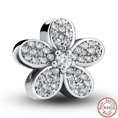 925 Sterling Silver Dazzling Daisy Plant Charm Fit Bracelet With Clear Cubic Zirconia DIY Accessories Jewelry PAS068 CHARM-0010