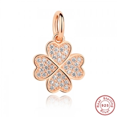 925 Sterling Silver Symbol Of Lucky In Love, Rose Gold Color & Clear CZ Four-Leaf Clover Pendant Charms Fit Bracelet PAS210 CHARM-0037