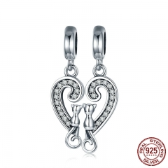 Romantic 925 Sterling Silver Cat Love in Sweet Heart Dangle Charm fit Charm Bracelet Necklace Jewelry Couple Gift SCC641 CHARM-0692