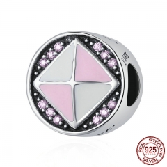 Genuine 925 Sterling Silver Gorgeous Square Geometric Pink Clear CZ Round Charm Beads fit Charm Bracelet Jewelry SCC279 CHARM-0494