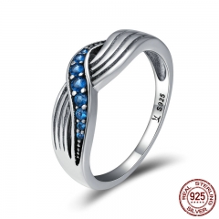 Genuine 925 Sterling Silver Sea Waves Blue Sparking CZ Finger Rings for Women Wedding Engagement Jewelry Gift SCR186 RING-0224