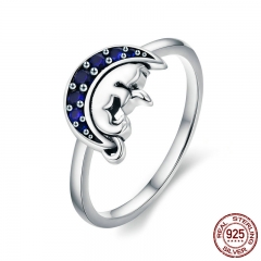 Genuine 925 Sterling Silver Cat Sleep in Blue Moon Crystal Finger Rings for Women Sterling Silver Jewelry Anel SCR340 RING-0374