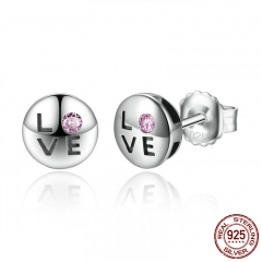 Romantic Gift 100% 925 Sterling Silver Pink Crystals LOVE Small Stud Earrings for Women Fashion Jewelry SCE024-1L EARR-0088