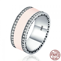 Real 925 Sterling Silver Radiant Hearts & Light Pink Enamel Clear CZ Wide Band Ring for Women Engagement Jewelry PA7624 RING-0123
