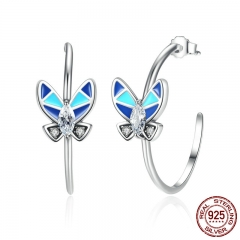 Vintage 100% 925 Sterling Silver Round Circle Earrings with Blue Butterfly Women Drop Earrings Jewelry SCE017 EARR-0080