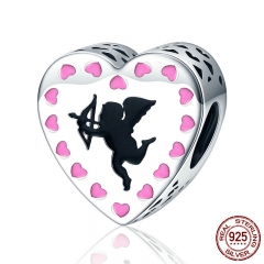 Romantic New 925 Sterling Silver Cupid's Love Cupid Arrow Pink Heart Beads fit Charm Bracelet Jewelry Lover Gift SCC143 CHARM-0288
