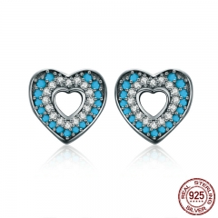 Fashion New 100% 925 Sterling Silver Blue Crystal Heart Female Stud Earrings for Women Authentic Silver Jewelry SCE129 EARR-0224