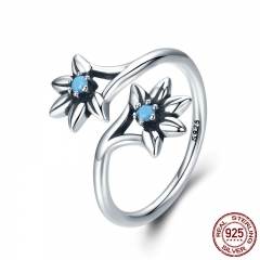 100% 925 Sterling Silver Popular Daisy Flower Blue CZ Female Ring Party Engagement Jewelry Gift Adjustable Size SCR249 RING-0300