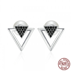 100% 925 Sterling Silver Double Triangle & Imitation Pearl Stud Earrings for Women, Clear CZ Luxury Jewelry Bijoux SCE151 EARR-0170