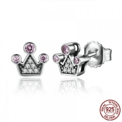 Genuine 100% 925 Sterling Silver Pink Crystals Queen Crown Mountain Stud Earrings Women Fashion Jewelry SCE026-1L EARR-0090
