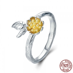 100% 925 Sterling Silver Yellow Daisy Flower Leaves Adjustable Finger Rings for Women Sterling Silver Jewelry SCR302 RING-0353