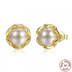 Authentic 925 Sterling Silver Simulated Pearl Stud Earrings Gold Color Jewelry for Women Party PAS419 EARR-0021