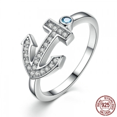 100% 925 Sterling Silver Light Blue Stone Anchor Women Finger Ring Fashion S925 Silver Anniversary Jewelry SCR006 RING-0058