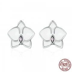 Authentic 925 Sterling Silver White Orchid White Enamel & Pink CZ Stud Earrings for Women Fine Jewelry Bijoux PAS515 EARR-0181
