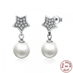 Authentic 925 Sterling Silver Star & Simulated Pearl Drop Earrings for Women Wedding Fine Jewelry SCE004 EARR-0031