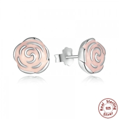 Original 925 Sterling Silver Rose Petal Garden Stud Earrings Pink Enamel Compatible with Jewelry PAS401 EARR-0002