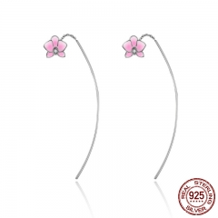 925 Sterling Silver Bar Pink Enamel Magnolia Flower Love Drop Earrings for Women Authentic Silver Jewelry Gift SCE077 EARR-0156
