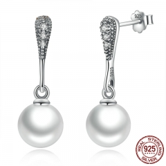 100% 925 Sterling Silver Elegant Beauty White Fresh Water Pearl Drop Earrings Sparkling CZ Sterling Silver Jewelry PAS494 EARR-0107