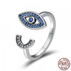 100% 925 Sterling Silver Fascinating Blue Eye Face Clear CZ Open Finger Rings for Women Sterling Silver Jewelry SCR173 RING-0209