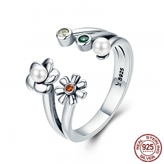 Genuine 925 Sterling Silver Adjustable Daisy Flower Dazzling CZ Female Ring for Women Wedding Engagement Jewelry SCR297 RING-0335