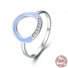 Genuine 925 Sterling Silver Dazzling CZ Round Light Blue Enamel Finger Ring Women Vintage Silver Jewelry S925 SCR221 RING-0247