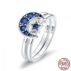 Authentic 925 Sterling Silver Blooming Moon and Star Blue CZ Female Rings for Women Sterling Silver Jewelry Anel SCR412 RING-0452