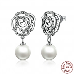 New 100% Authentic 925 Sterling Silver Rose and Pearl Female Earrings TOP Quality Drop Earrings Jewelry SCE001 EARR-0034