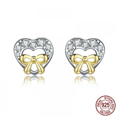 Authentic 925 Sterling Silver Bowknot Heart Shape ,AAA Zircon Stud Earrings for Women Fashion Jewelry Brincos SCE071 EARR-0138