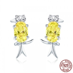 Fashion 100% 925 Sterling Silver Woodpecker Crystal Bird Yellow CZ Stud Earrings For Women Sterling Silver Jewelry SCE435 EARR-0439