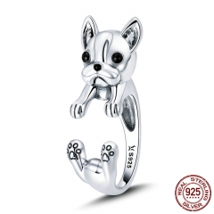 925 Sterling Silver French Bulldog Animal Female Finger Rings for Women Adjustable Size Sterling Silver Jewelry SCR411 RING-0456