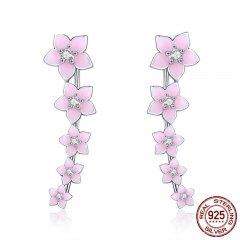 100% 925 Sterling Silver Cherry Flower Pink Enamel Cuff Drop Earrings for Women Fashion Silver Earrings Jewelry SCE256 EARR-0291