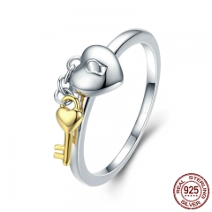 925 Sterling Silver Heart Lock with Gold Color Key Finger Rings for Women Anniversary Engagement Jewelry S925 SCR205 RING-0237