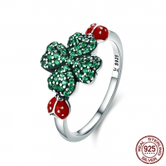 100% Authentic 925 Sterling Silver ladybug & Clover Flower Green CZ Crystal Ring for Women Sterling Silver Jewelry SCR309 RING-0363