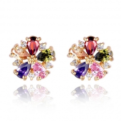 Gold Color Multicolor Flower Stud Earrings with Colorful Zircon For Girlfriend Gift Luxury Bijouterie JIE028 FASH-0019