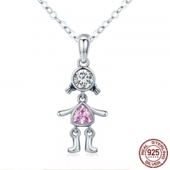 Fashion 100% 925 Sterling Silver Cute Little Girl Pink CZ Pendant Necklaces for Women Sterling Silver Jewelry SCN205 NECK-0153