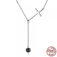 Genuine 925 Sterling Silver Faith Cross & Black CZ Tassel Long Necklace Women Authentic Sterling Silver Jewelry SCN131 NECK-0079