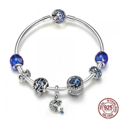 Authentic 925 Sterling Silver Sparkling Star and Moon Blue Enamel Bracelets & Bangles for Women Silver Jewelry SCB801 BRACE-0107