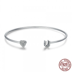 100% 925 Sterling Silver I Love You Clear CZ Heart Adjustable Cuff Bangle for Women Luxury Sterling Silver Jewelry SCB044 BRACE-0068